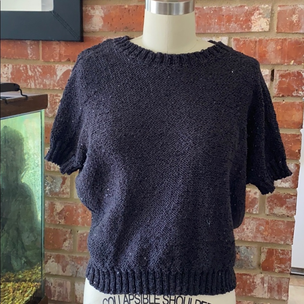 Navy blue sequin short sleeve sweater